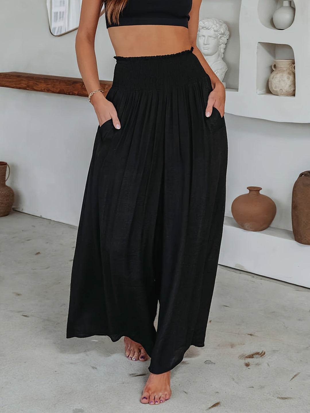Casual Losse Broek met Wijde Pijpen-Wijde Broeken-Calora-Zwart-S-Calora