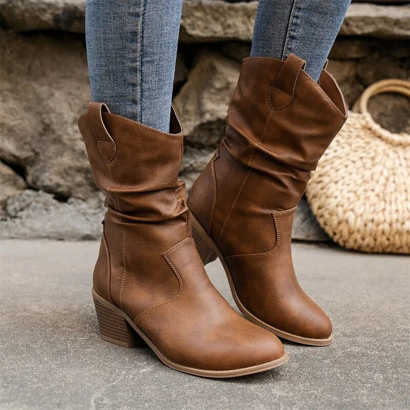 Casual Middelhoge Leren Dames Laarzen-Laarzen-Calora-Camel-36-Calora
