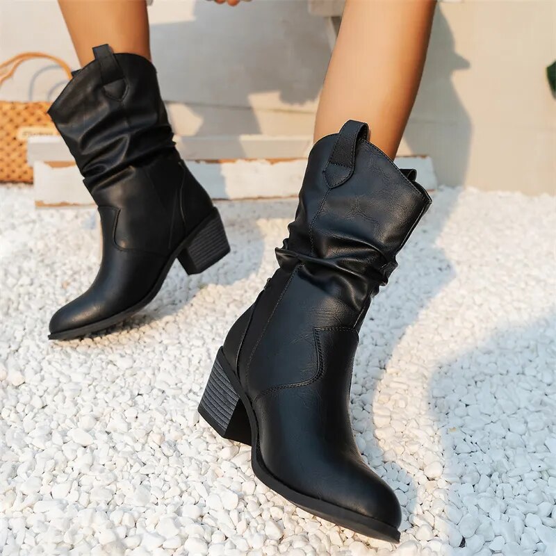 Casual Middelhoge Leren Dames Laarzen-Laarzen-Calora-Zwart-36-Calora