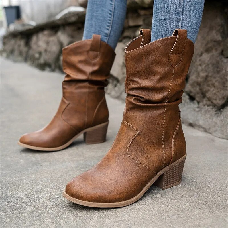Casual Middelhoge Leren Dames Laarzen-Laarzen-Calora-Zwart-36-Calora