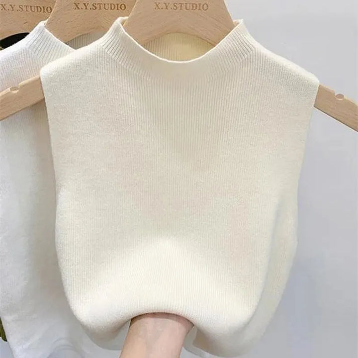 Casual Mouwloze Gebreide Turtleneck top voor Vrouwen-Shirts & Topjes-Calora-Beige-S-Calora