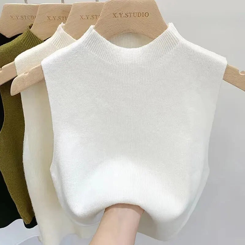 Casual Mouwloze Gebreide Turtleneck top voor Vrouwen-Shirts & Topjes-Calora-Groen-S-Calora