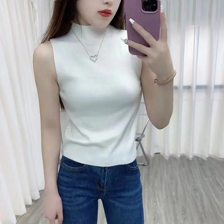 Casual Mouwloze Gebreide Turtleneck top voor Vrouwen-Shirts & Topjes-Calora-Groen-S-Calora