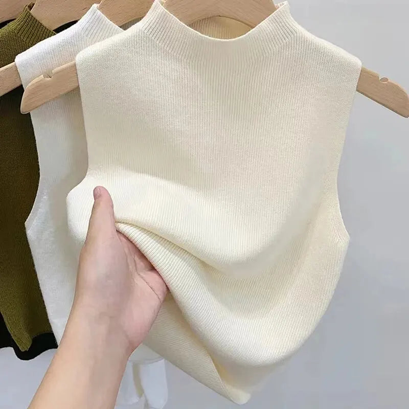 Casual Mouwloze Gebreide Turtleneck top voor Vrouwen-Shirts & Topjes-Calora-Groen-S-Calora
