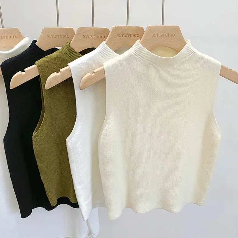 Casual Mouwloze Gebreide Turtleneck top voor Vrouwen-Shirts & Topjes-Calora-Groen-S-Calora