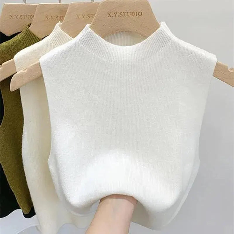 Casual Mouwloze Gebreide Turtleneck top voor Vrouwen-Shirts & Topjes-Calora-Wit-S-Calora