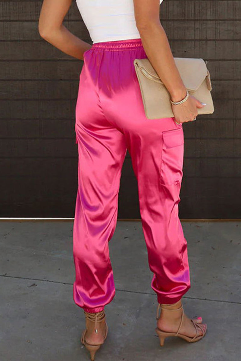 Casual rechte glanzende hoge taille effen Broek-Pantalons-Calora-Rozerood-S-Calora