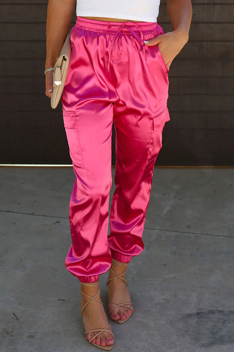 Casual rechte glanzende hoge taille effen Broek-Pantalons-Calora-Rozerood-S-Calora