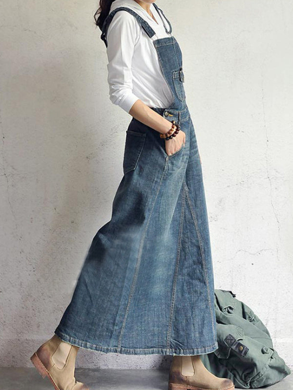 CALORA_ Casual Vintage Denim Overall Jurk met Achteropening en Pocket