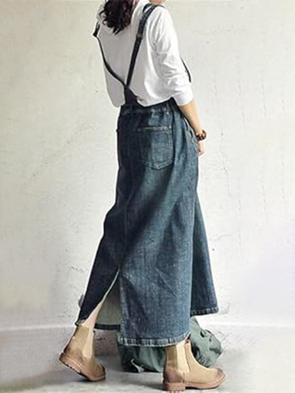 CALORA_ Casual Vintage Denim Overall Jurk met Achteropening en Pocket