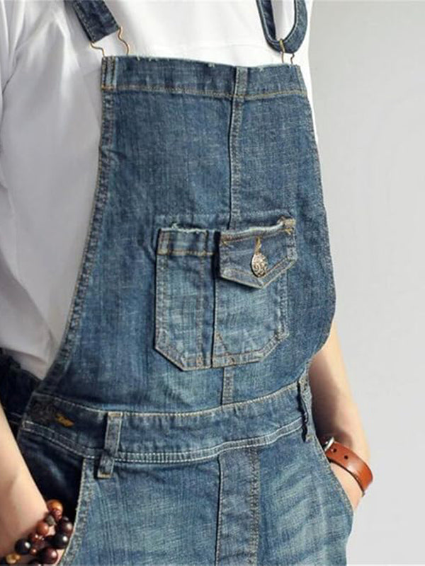 CALORA_ Casual Vintage Denim Overall Jurk met Achteropening en Pocket