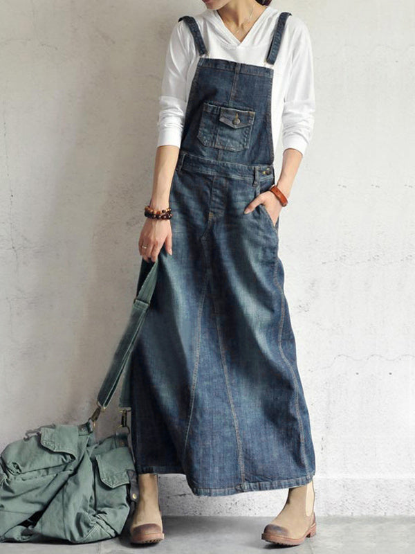 CALORA_ Casual Vintage Denim Overall Jurk met Achteropening en Pocket