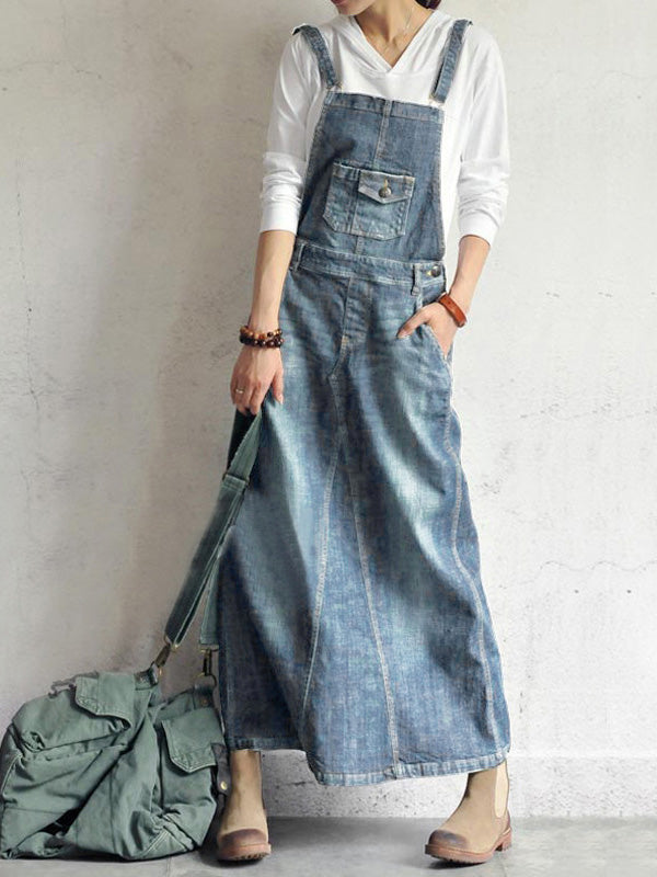 CALORA_ Casual Vintage Denim Overall Jurk met Achteropening en Pocket