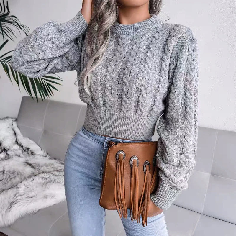 Casual winter basics gebreide crop top trui voor dames-Shirts & Topjes-Calora-Grijs-Eén maat-Calora