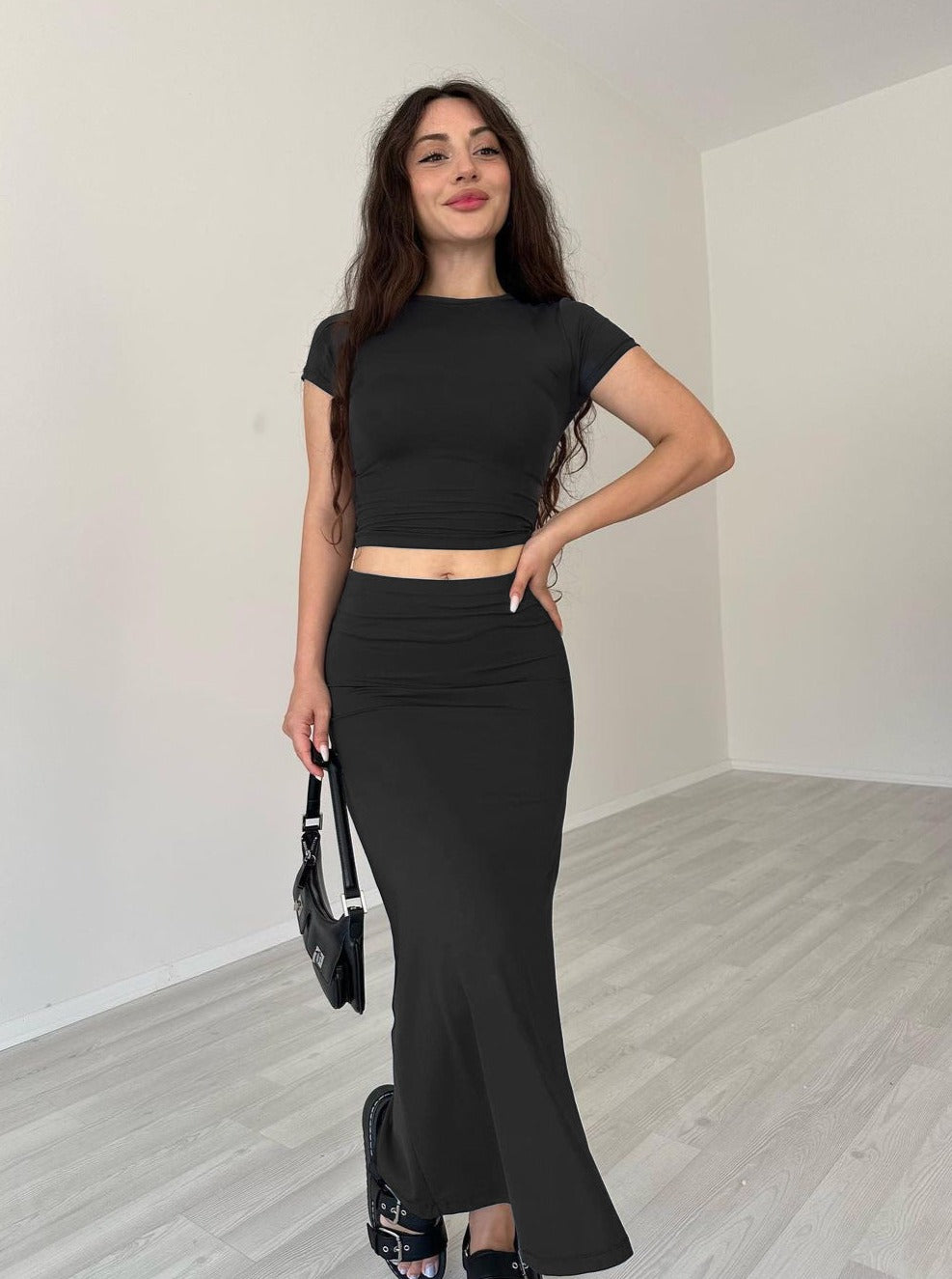 Casual zwarte ronde hals crop top en rok set-Sets & Pakken-Calora-S-Calora