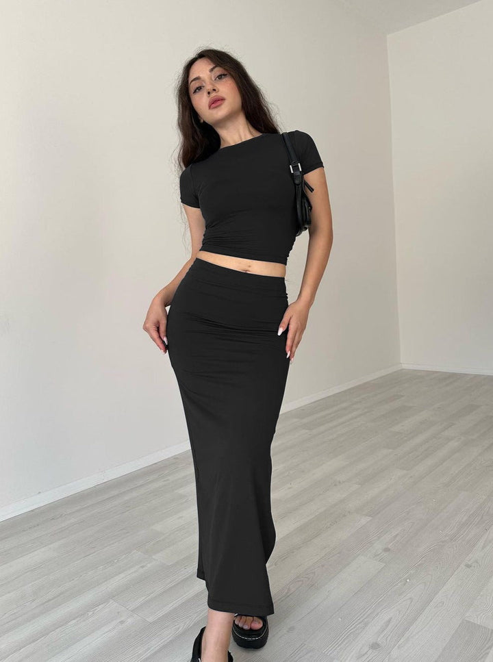 Casual zwarte ronde hals crop top en rok set-Sets & Pakken-Calora-S-Calora