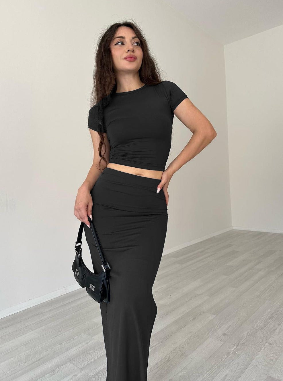 Casual zwarte ronde hals crop top en rok set-Sets & Pakken-Calora-S-Calora