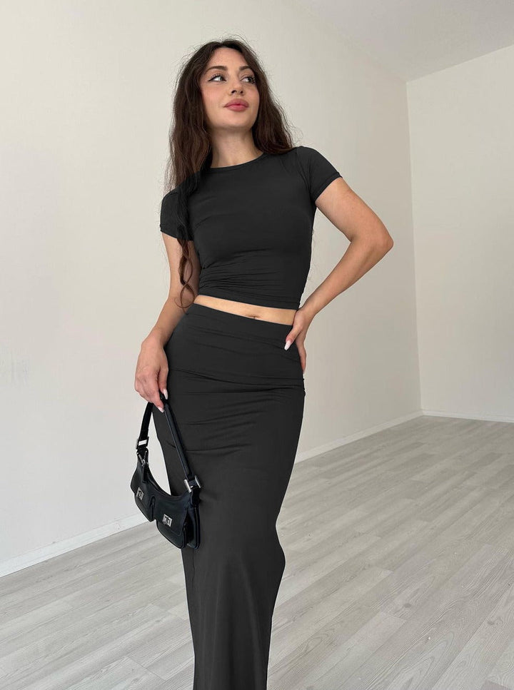 Casual zwarte ronde hals crop top en rok set-Sets & Pakken-Calora-S-Calora