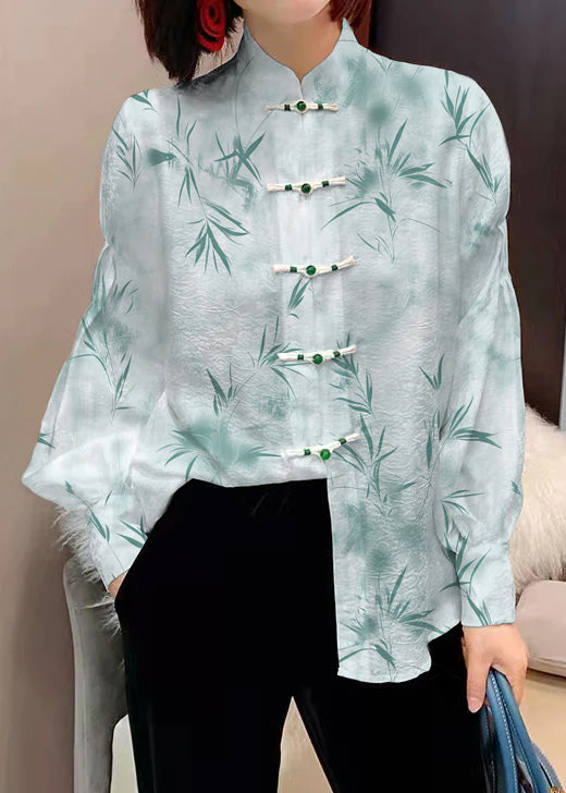 CALORA_ Chinese stijl witte opstaande kraag knop jacquard zijden blouse tops lantaarn mouw