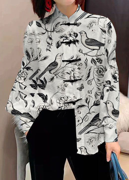 CALORA_ Chinese stijl witte opstaande kraag knop jacquard zijden blouse tops lantaarn mouw