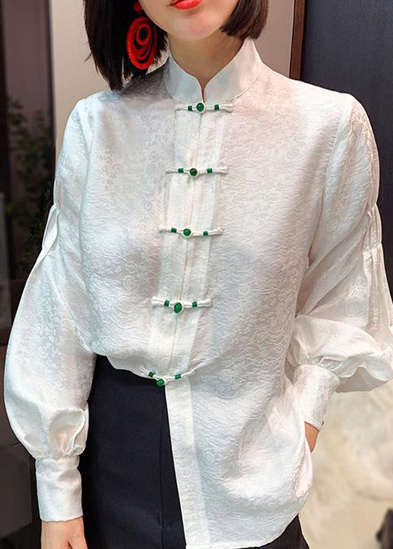 CALORA_ Chinese stijl witte opstaande kraag knop jacquard zijden blouse tops lantaarn mouw