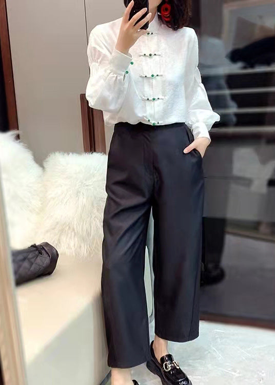 CALORA_ Chinese stijl witte opstaande kraag knop jacquard zijden blouse tops lantaarn mouw