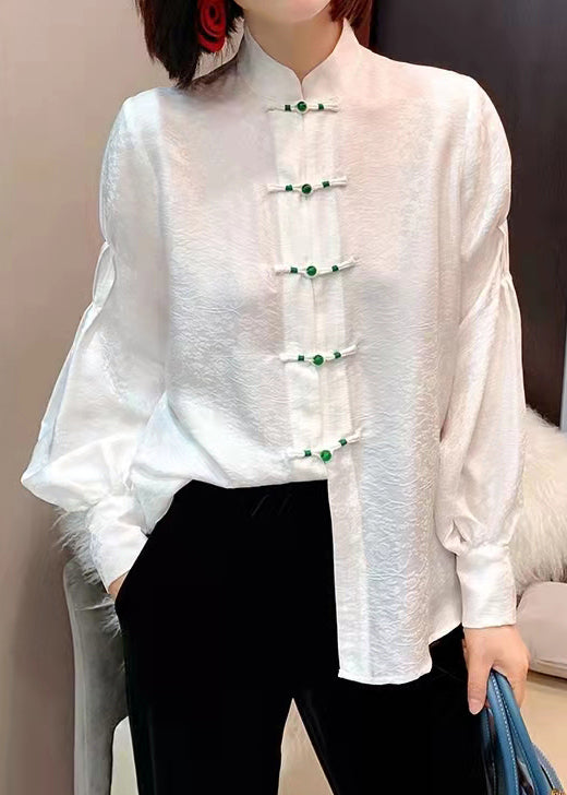 CALORA_ Chinese stijl witte opstaande kraag knop jacquard zijden blouse tops lantaarn mouw