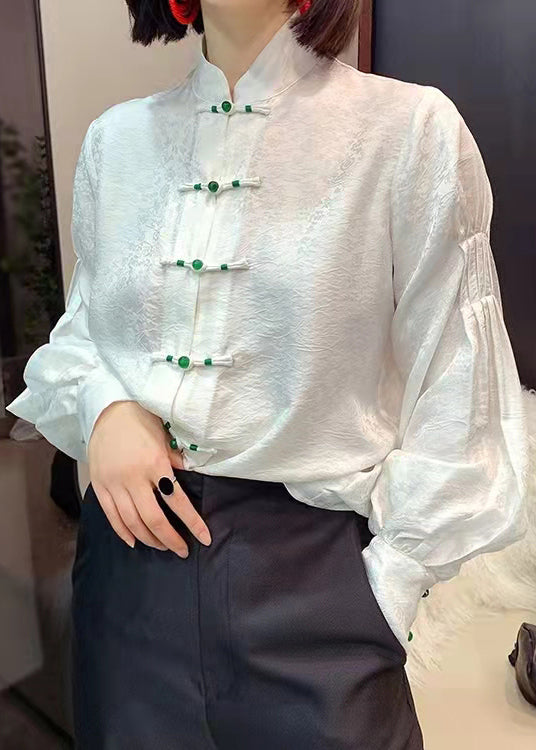 CALORA_ Chinese stijl witte opstaande kraag knop jacquard zijden blouse tops lantaarn mouw