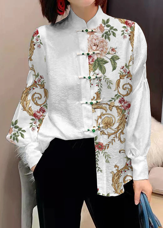 CALORA_ Chinese stijl witte opstaande kraag knop jacquard zijden blouse tops lantaarn mouw