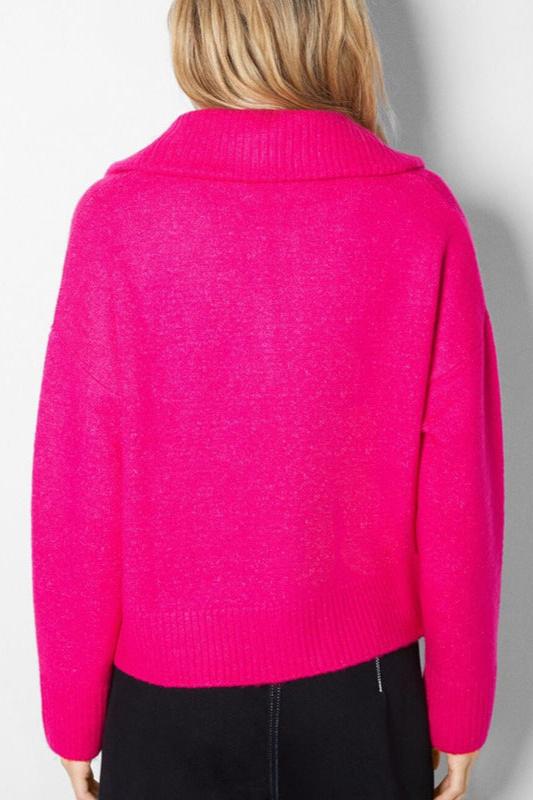 CALORA_ Chique Halve Rits Trui met Kraag in Roze Rood