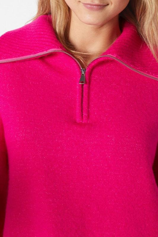 CALORA_ Chique Halve Rits Trui met Kraag in Roze Rood