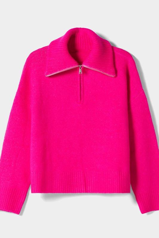 CALORA_ Chique Halve Rits Trui met Kraag in Roze Rood