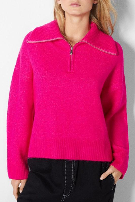 CALORA_ Chique Halve Rits Trui met Kraag in Roze Rood