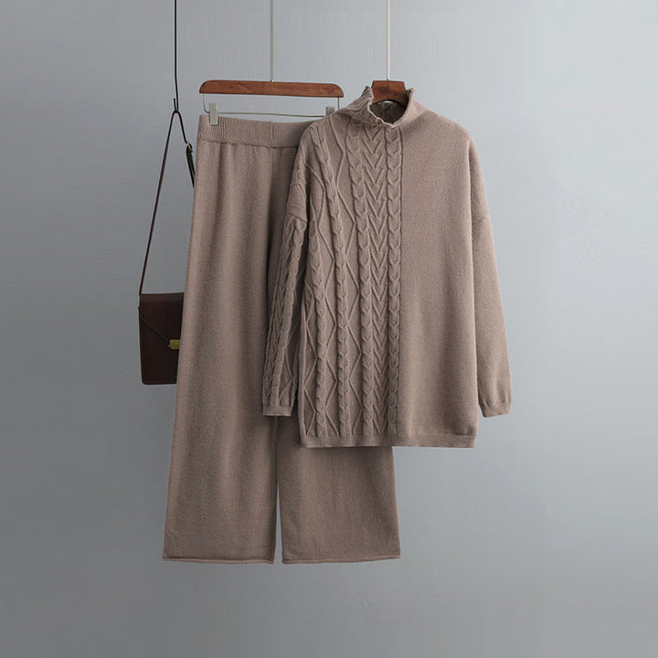 Chique wijde broek lange mouwen trui 2-delige set-Sets & Pakken-Calora-Khaki-Eén maat-Calora