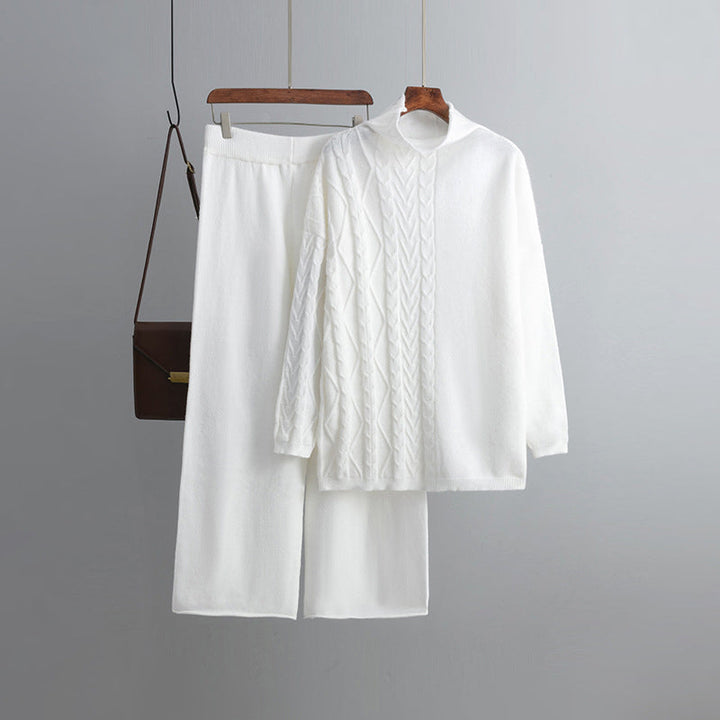 Chique wijde broek lange mouwen trui 2-delige set-Sets & Pakken-Calora-Wit-Eén maat-Calora