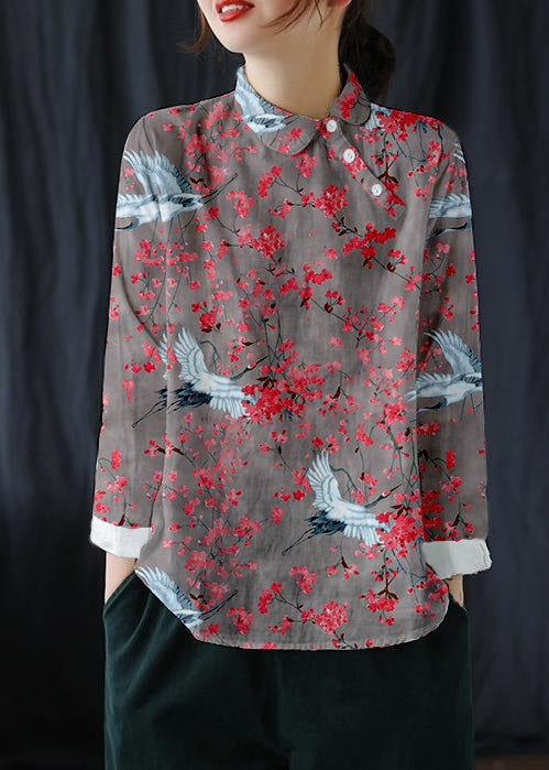 Chique Witte Revers Knopen Voorjaars Blouse-Blouses-Calora-Roze print-L-Calora