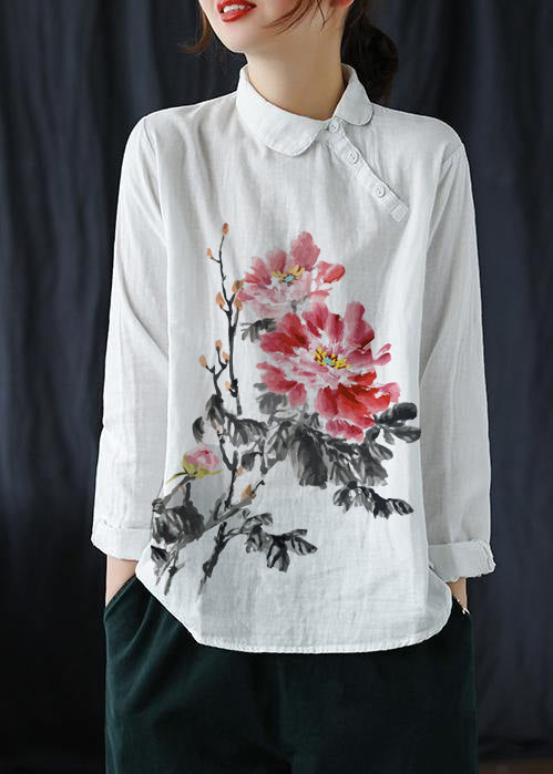 Chique Witte Revers Knopen Voorjaars Blouse-Blouses-Calora-Wit Bloemen-L-Calora