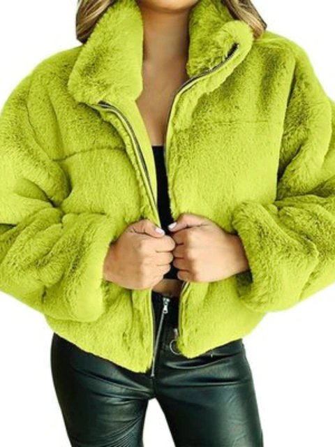 Claudia | Warme Teddy Winterjas-Zomer Jassen-Calora-Citroen groen-S-Calora