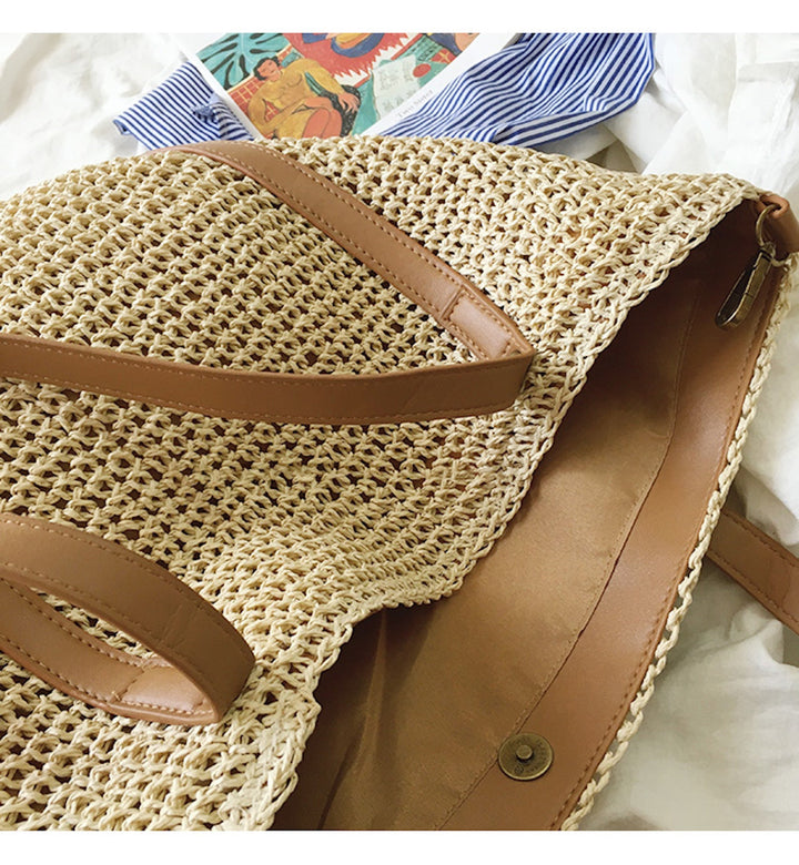 CALORA_ Coastal Chic Riet Geweven Tote Bag - Zomerse Tas en Dagelijkse Essentieel