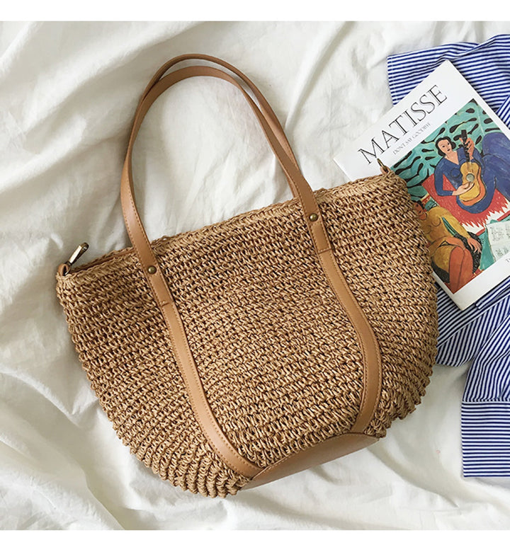 CALORA_ Coastal Chic Riet Geweven Tote Bag - Zomerse Tas en Dagelijkse Essentieel