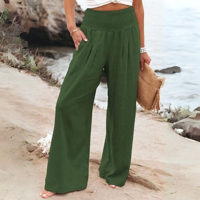 Comfortabele linnen broek met wijde pijpen-Wijde Broeken-Calora-Groen-S-Calora