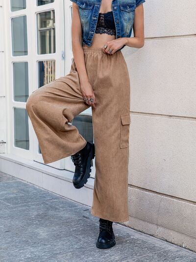 Comfortabele wijde broek met zakken-Wijde Broeken-Calora-Beige-S-Calora