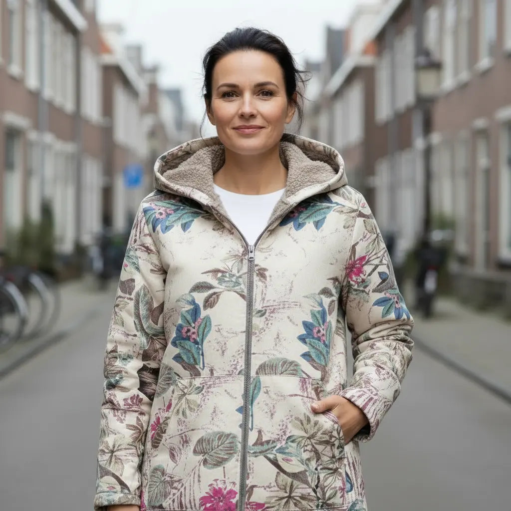 Cora | Warme Gebloemde Winterjas-Zomer Jassen-Calora-Donkerblauw-S-Calora