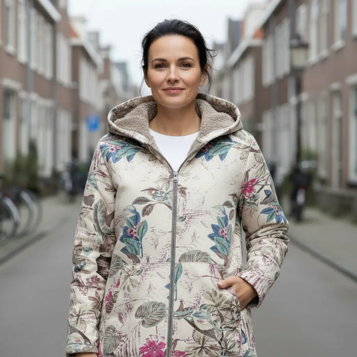Cora | Warme Gebloemde Winterjas-Zomer Jassen-Calora-Donkerblauw-S-Calora