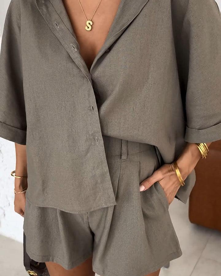 Dagelijkse casual losse blouse en korte broek set-Sets & Pakken-Pinchbox-Khaki-S-Calora