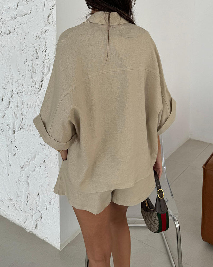 Dagelijkse casual losse blouse en korte broek set-Sets & Pakken-Pinchbox-Khaki-S-Calora