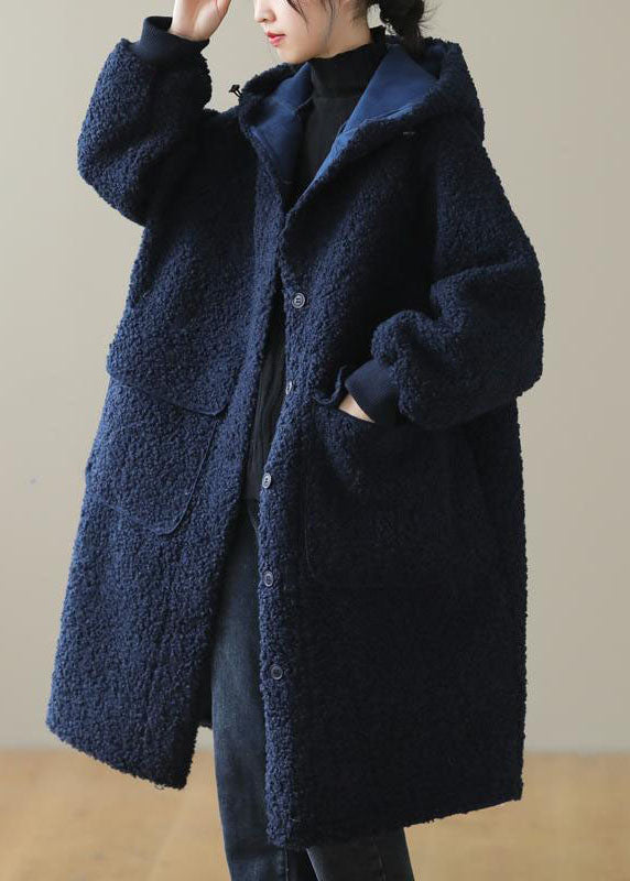 Dames blauwe winterjas met capuchon en knopen van imitatiebont-Zomer Jassen-Calora-Blauw-S-Calora