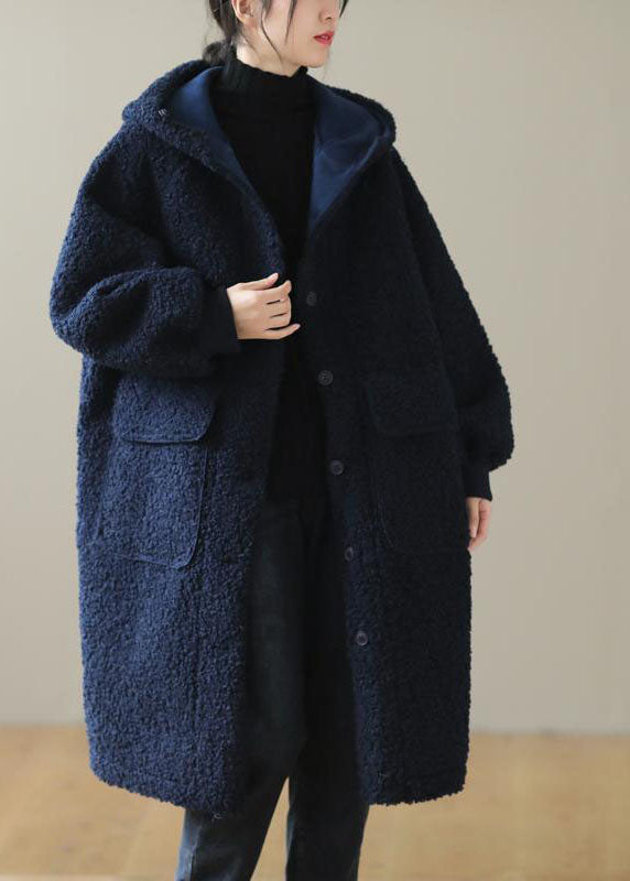 Dames blauwe winterjas met capuchon en knopen van imitatiebont-Zomer Jassen-Calora-Blauw-S-Calora