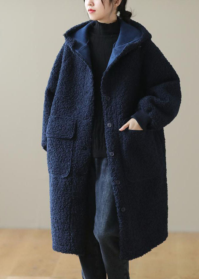 Dames blauwe winterjas met capuchon en knopen van imitatiebont-Zomer Jassen-Calora-Blauw-S-Calora