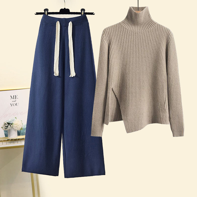 Dames coltrui en wijde broek met trekkoord, tweedelig setje-Sets & Pakken-Calora-Blauw-S-Calora